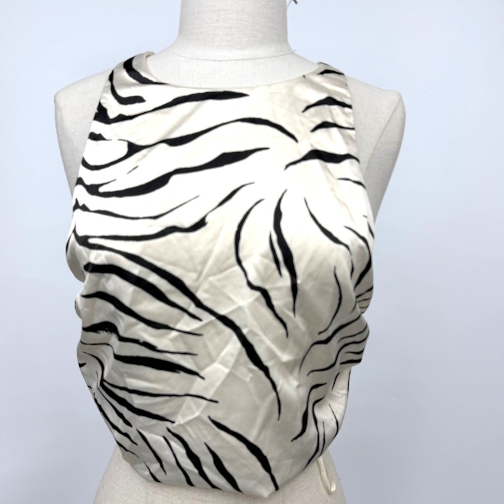 Zara Zebra Print Halter Y2K Crop Top‎ Smocked Back Womens Large White Black